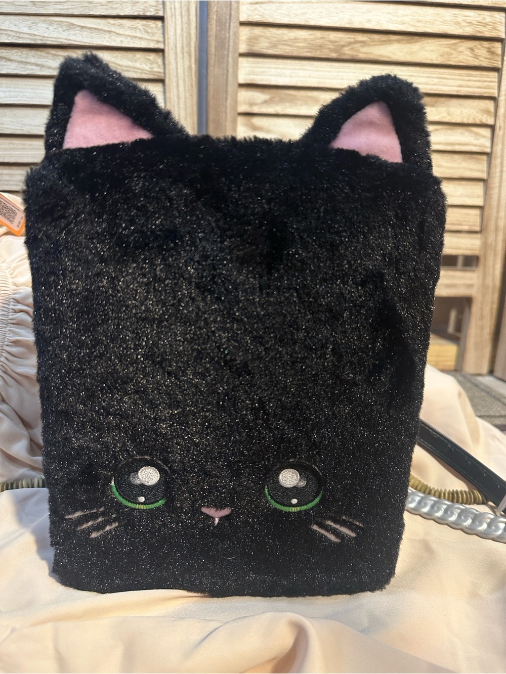Black Plush Cat Crossbody Bag backpack  with Pink Ear Accents